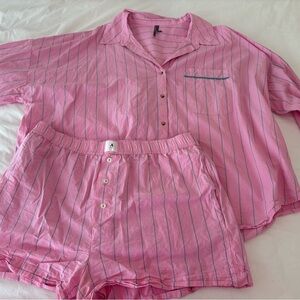 Anthropologie Pink & Teal Striped Women's Pajama Set